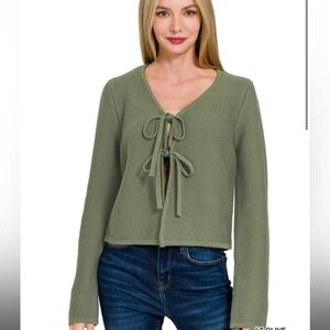 Zenana TIE FRONT SWEATER CARDIGAN LT OLIVE GREEN